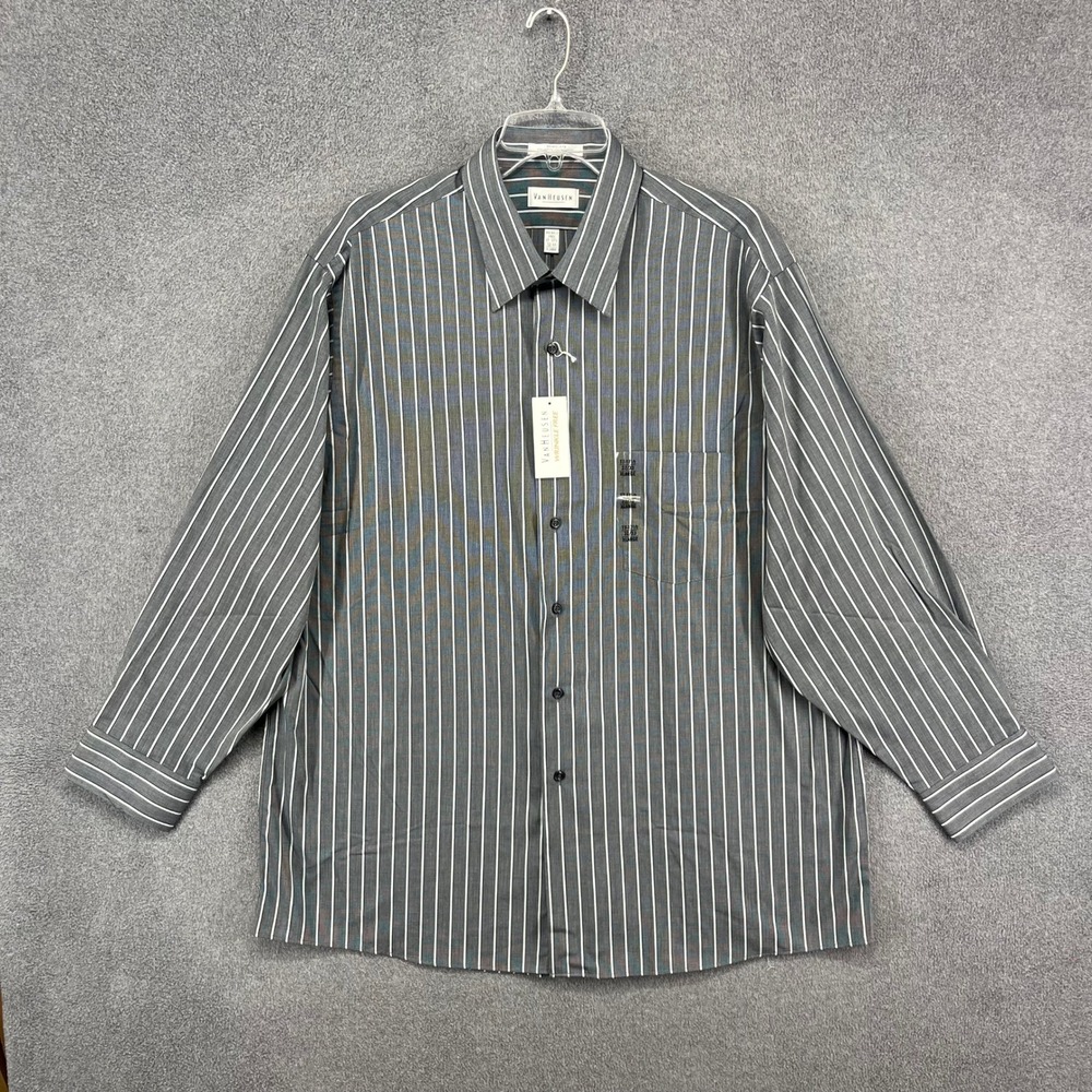 Van Heusen Dress Shirt Mens XL Gray Striped Wrinkle Free Long Sleeve Granite New